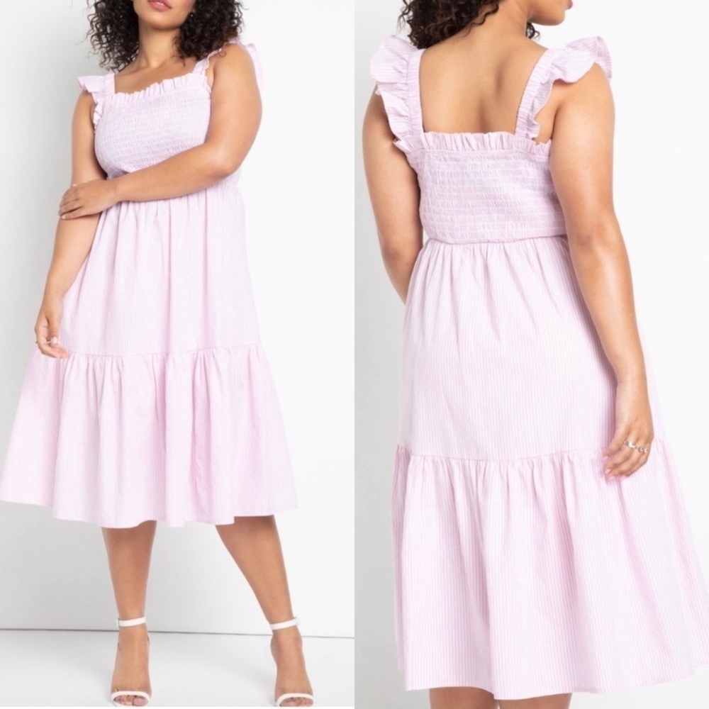 NWT Eloquii Plus Smocked Bodice Ruffle Strap Striped Day Dress Pink & White
